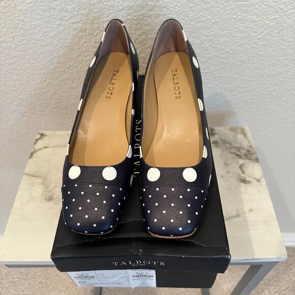 Talbots Indigo Blue/TA Ivory Claire Blue and White Polka Dot Heels - Picture 4 of 9